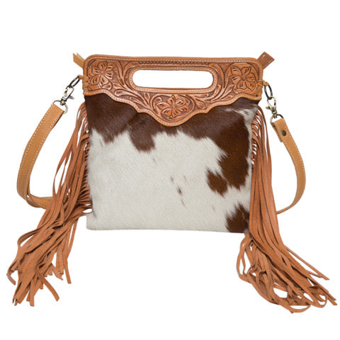 Tooled Leather Cowhide Sling Bag with Fringe Tan