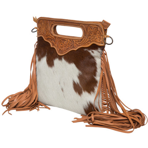 Tooled Leather Cowhide Sling Bag with Fringe Tan