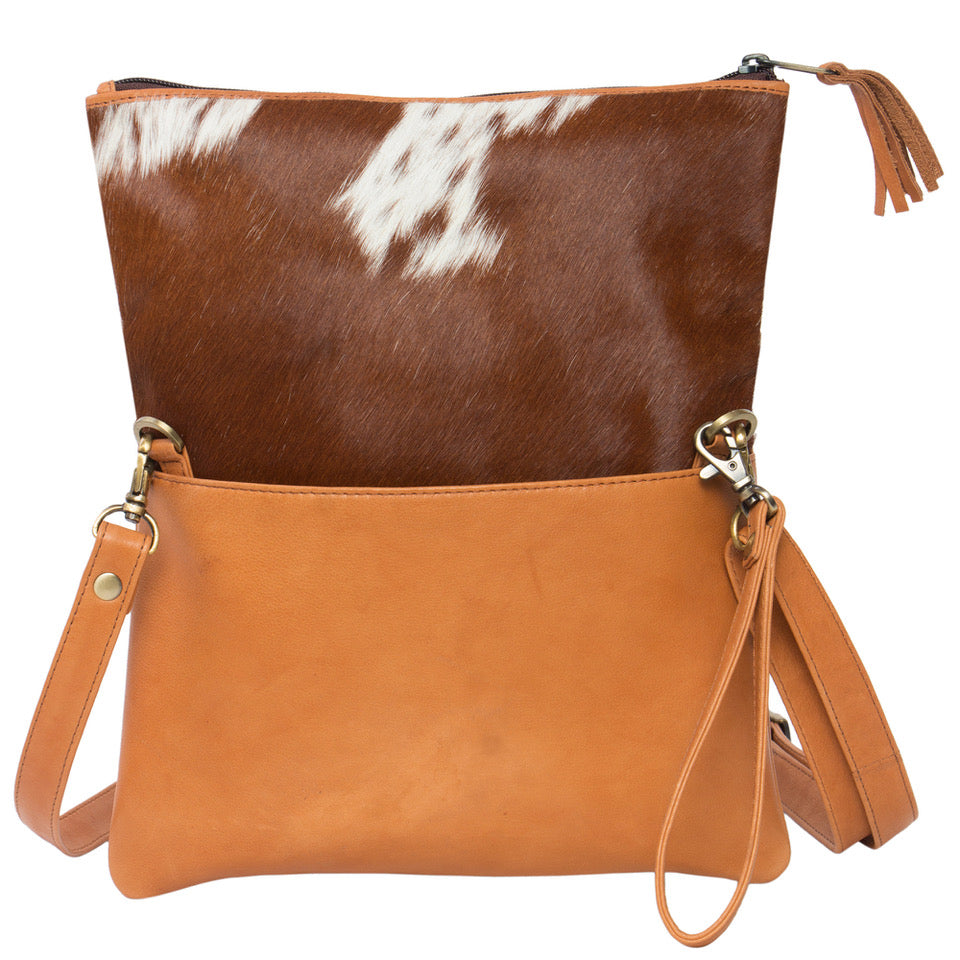 Ladies Foldover Cowhide Bag Tan and White