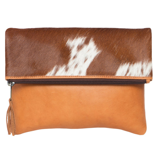 Ladies Foldover Cowhide Bag Tan and White