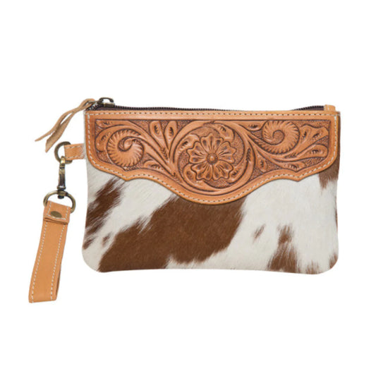 Tooled Leather Small Cowhide Clutch Tan