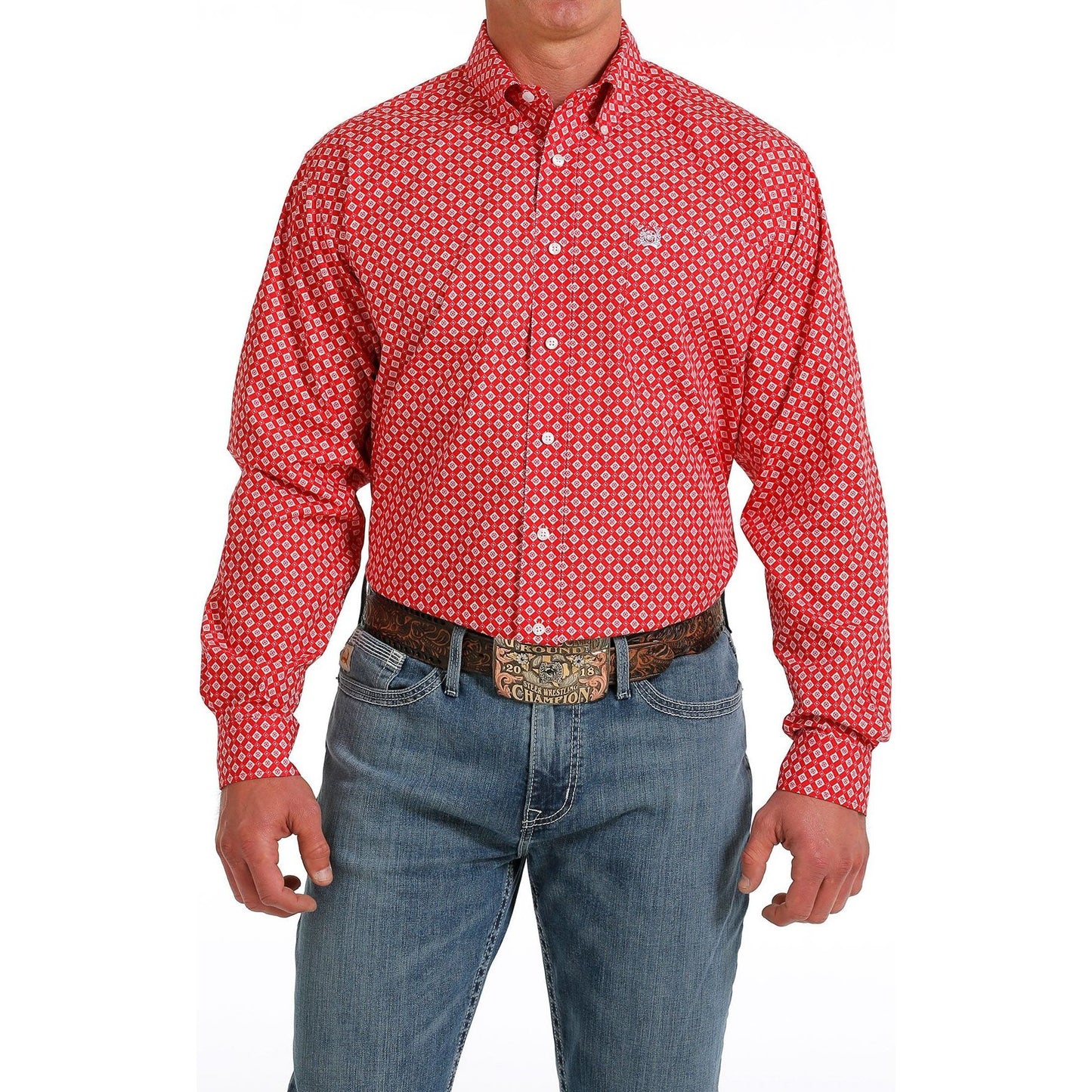 Cinch Men's Geometric Print Button-Down Western Shirt Red