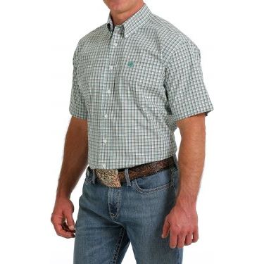 Cinch Men's Plaid Button-Down Western Short Sleeve Shirt White/Teal/Gold