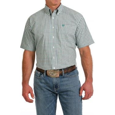 Cinch Men's Plaid Button-Down Western Short Sleeve Shirt White/Teal/Gold