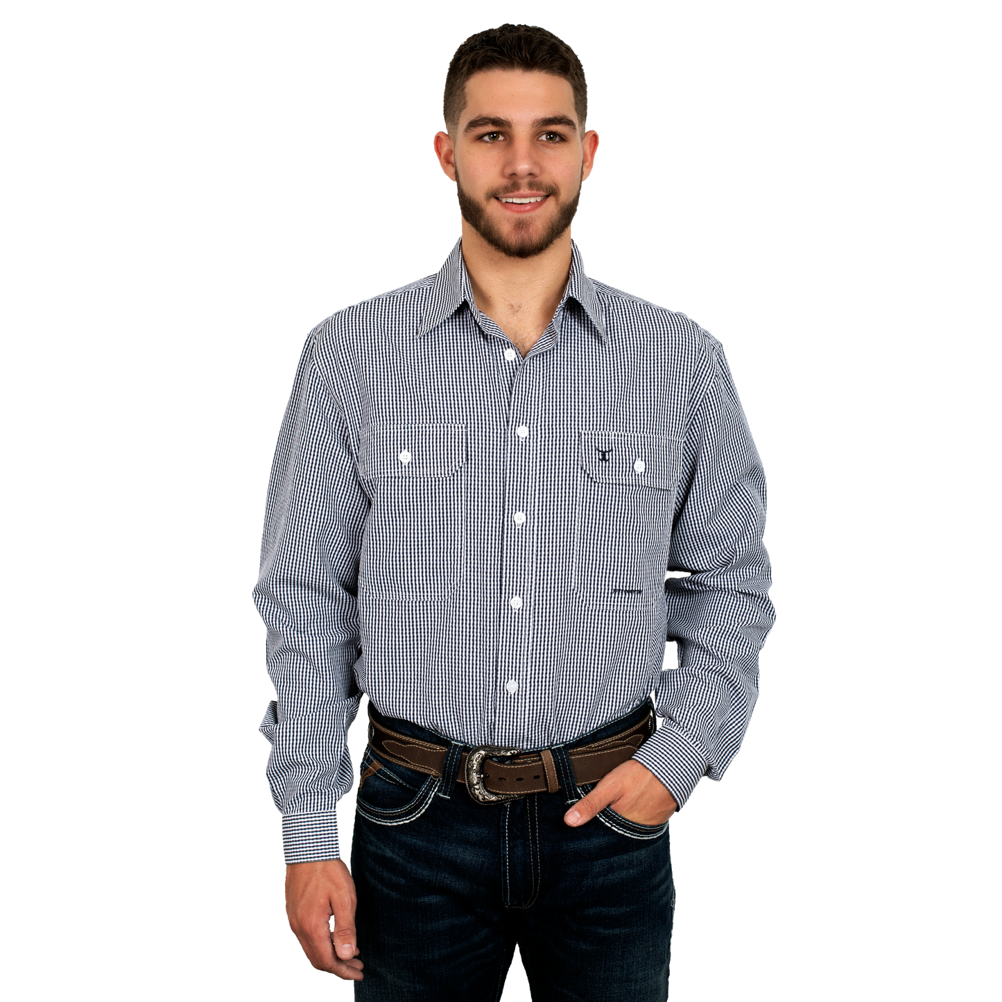 Just Country Men's Austin Full Button Print Workshirt Navy/White Mini Check